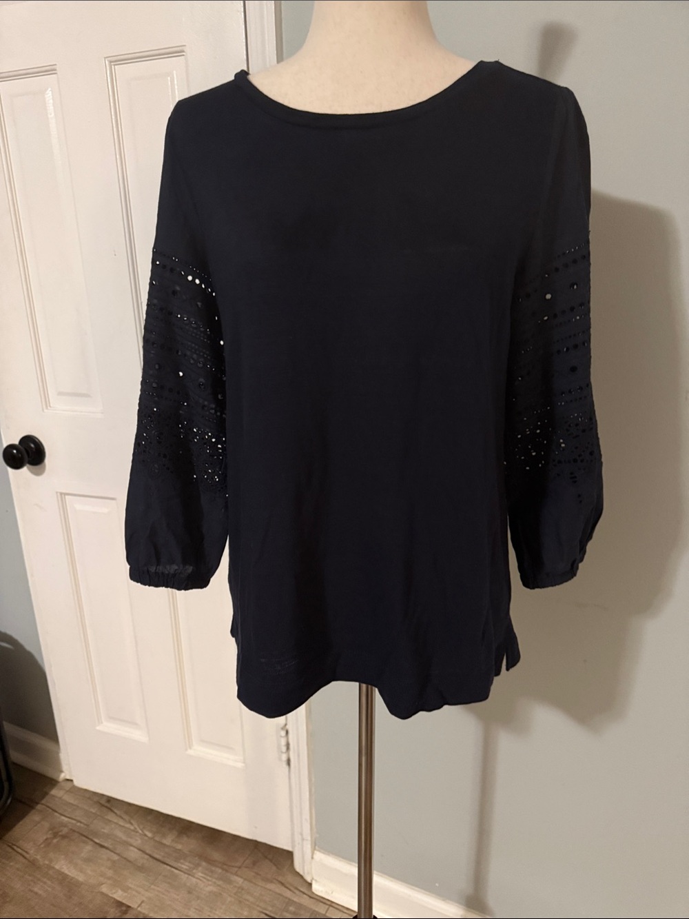 LOFT Navy Eyelet & Sequin Sleeve Blouse